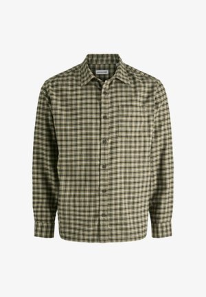 Vihreä-beigenruudullinen pitkähihainen napillinen paita, jossa on rintatasku ja rento istuvuus.
