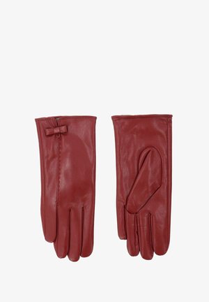 Rode leren handschoenen met een gladde textuur, voorzien van een strikaccent op de pols, vier duidelijk gevormde vingers en een elegant ontwerp.