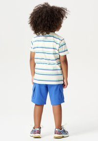 Gestreept T-shirt met korte mouwen in wit, blauw en groen, gecombineerd met blauwe cargoshorts. Sportieve schoenen met veelkleurige accenten.