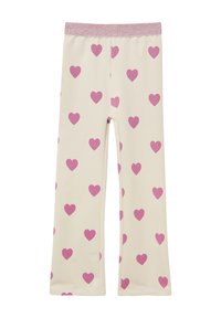 Leggings in cotone crema con motivo a cuori rosa e una cintura rosa glitterata. Design a gamba dritta, morbida texture, vestibilità flessibile.