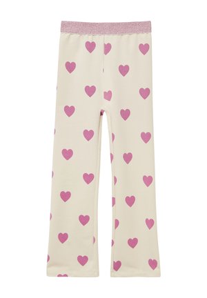 Leggings in cotone crema con motivo a cuori rosa e una cintura rosa glitterata. Design a gamba dritta, morbida texture, vestibilità flessibile.