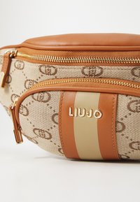Ruskea ja beige vyölaukku, jossa on teksturoitu materiaali, logo, kultainen vetoketju ja raidalliset korostukset. Erottuva kuviointi koko laukussa.