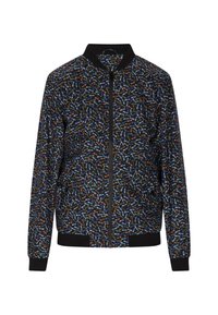 Zwart bomberjack met een bloemenpatroon in blauw, oranje en groen. Geribde manchetten en zoom, met een ritsluiting aan de voorkant.