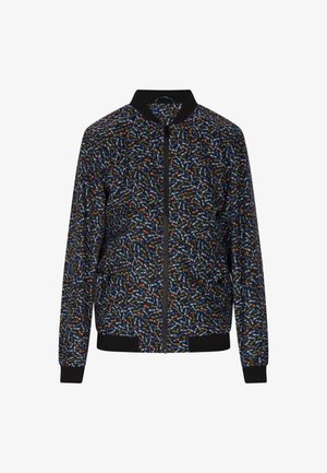 Veste bomber noire avec un motif floral en bleu, orange et vert. Poignets et ourlet côtelés, avec une fermeture éclair à l'avant.