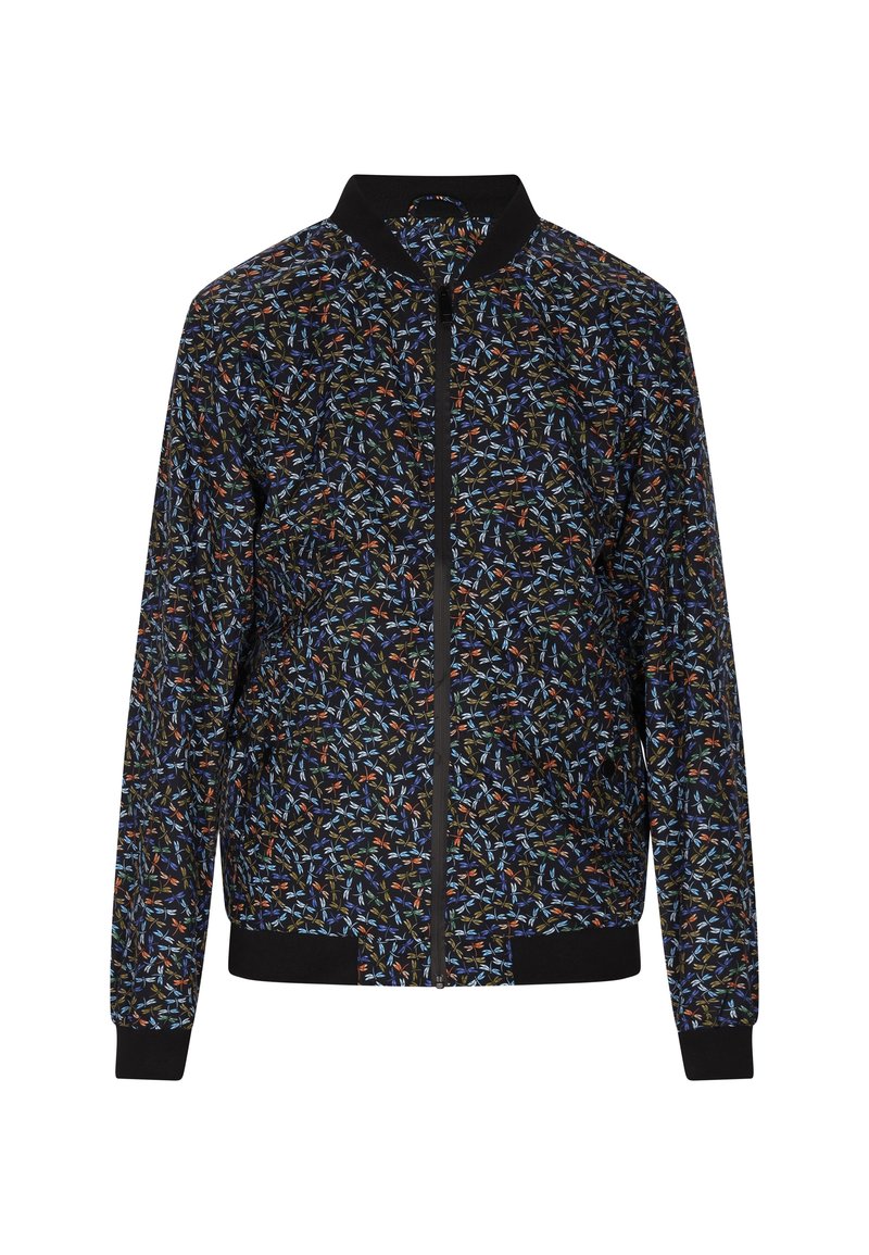 Zwart bomberjack met een bloemenpatroon in blauw, oranje en groen. Geribde manchetten en zoom, met een ritsluiting aan de voorkant.