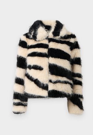 Neppelsen jas met een crème en zwart gestreept patroon, met een kraag, cropped lengte en een gestructureerd, pluizig oppervlak.