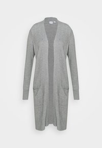 Grauer langer Cardigan mit offenem Vorderteil, zwei Vorderaschen, gerippten Bündchen und einer weichen Textur. Eignet sich ideal zum Überziehen über verschiedene Outfits.