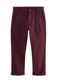 Chinos en coton bourgogne avec une coupe droite, présentant des poches avant, une fermeture avec bouton et des ourlets retroussés. Texture lisse et design ajusté.