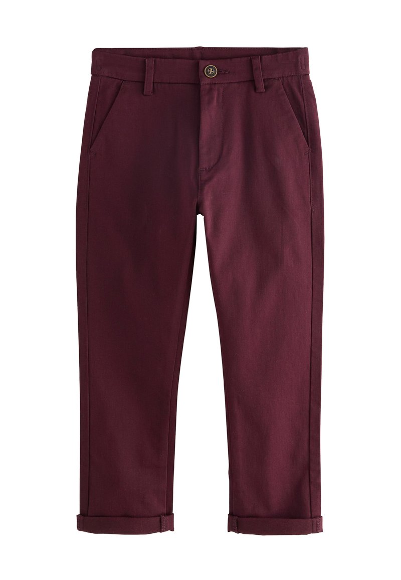 Chinos en coton bourgogne avec une coupe droite, présentant des poches avant, une fermeture avec bouton et des ourlets retroussés. Texture lisse et design ajusté.
