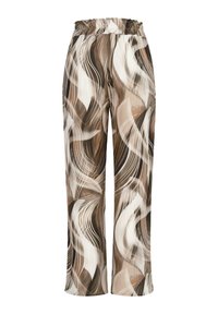 Wide-leg trousers in a silky fabric, featuring a swirling abstract pattern in brown, beige, and white tones. Elasticated waistband.