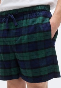 Πράσινα και ναυτικά σορτς με καρό σχέδιο, ελαστική μέση και κορδόνι. Διαθέτουν πλαϊνές τσέπες και μαλακό, υφασμάτινο ύφασμα με υφή.