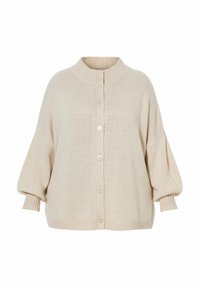 Cardigan beige lavorato a maglia con colletto arrotondato, chiusura anteriore con bottoni e maniche larghe. Presenta polsini e orlo a coste. Superficie strutturata.