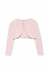 Cardigan corto rosa con maniche lunghe, punti testurizzati, bordi ondulati e chiusura con un solo bottone. Tessuto lavorato a maglia con una consistenza morbida.