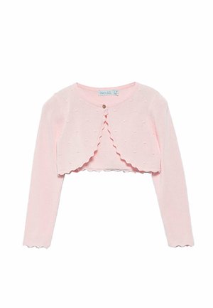 Cardigan corto rosa con maniche lunghe, punti testurizzati, bordi ondulati e chiusura con un solo bottone. Tessuto lavorato a maglia con una consistenza morbida.