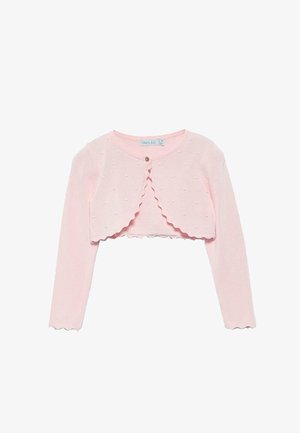 Cardigan corto rosa con maniche lunghe, punti testurizzati, bordi ondulati e chiusura con un solo bottone. Tessuto lavorato a maglia con una consistenza morbida.