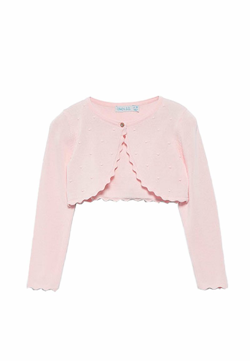 Cardigan corto rosa con maniche lunghe, punti testurizzati, bordi ondulati e chiusura con un solo bottone. Tessuto lavorato a maglia con una consistenza morbida.