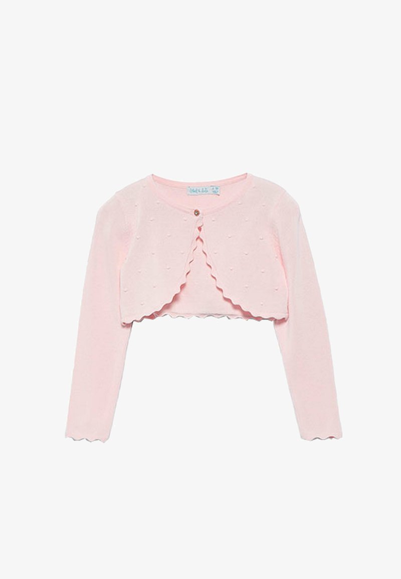Cardigan corto rosa con maniche lunghe, punti testurizzati, bordi ondulati e chiusura con un solo bottone. Tessuto lavorato a maglia con una consistenza morbida.