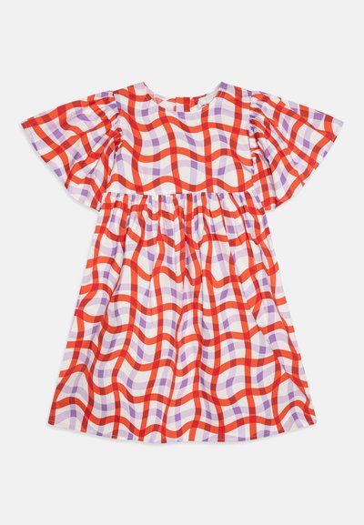 Red and white checkered dress with flutter sleeves, featuring wavy lines in purple and lavender. Elastic waist, cotton fabric, knee-length.