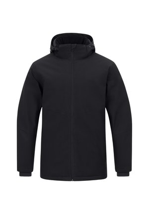 Schwarze isolierte Winterjacke mit Kapuze, Frontreißverschluss und verstellbaren Kordeln an der Kapuze, langen Ärmeln und Bündchen an den Handgelenken.