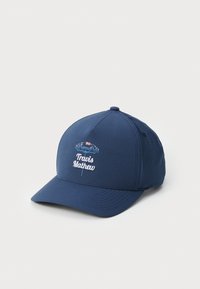 Navy baseball cap made of fabric with a curved brim. Features white embroidered text and a colorful umbrella design above the text.