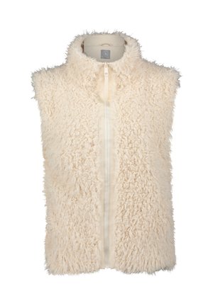 Faux-Fur-Weste in Creme mit einer weichen, flauschigen Textur. Merkmale sind ein hoher Kragen und ein durchgehender Reißverschluss. Ohne Ärmel, leichtes Design.