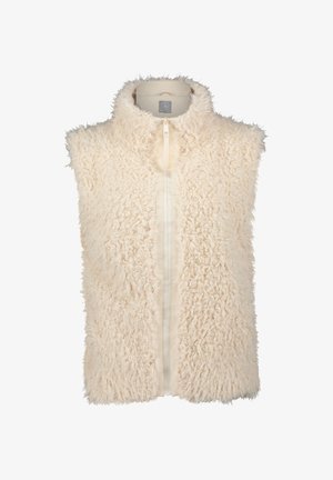 Faux-Fur-Weste in Creme mit einer weichen, flauschigen Textur. Merkmale sind ein hoher Kragen und ein durchgehender Reißverschluss. Ohne Ärmel, leichtes Design.