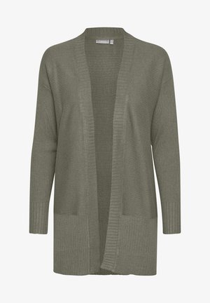 Groene gebreide cardigan met open voorkant, lange mouwen, ribbeltextuur en twee voorkeurszakken. Lichtgewicht materiaal met verticale strepen.