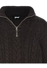 Ciemnobrązowy sweter wykonany na drutach z wysokim kołnierzem, z suwakiem i fakturowanym wzorem w warkocze na całej powierzchni. Widoczna metka Schott.