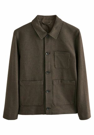 Pruun ruuduline jakk, mis on valmistatud tekstuurkast kangast. Omab kraed, nööbiga kinnitust ja kahte esimest taskut ruudukujuliste klappidega.