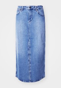 Helehelesin sinine denim midi seelik, otse lõikega, millel on eesmine õmblus, kaks taskut ja nupuga sulgemine. Klassikaline denim kangas.