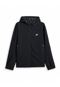 Veste softshell noire à capuche avec fermeture éclair frontale, deux poches latérales zippées, poignets réglables et logo blanc "4F" sur la poitrine.