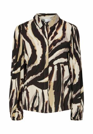 Blouse à manches longues en tissu léger, présentant un motif rayé abstrait beige, marron et noir. Col classique et fermeture par boutons.