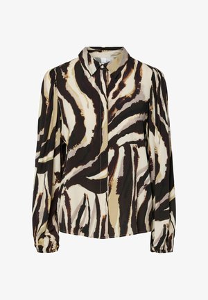 Blusa de manga longa em tecido leve com um padrão abstrato riscado em bege, castanho e preto. Gola clássica e fecho frontal com botões.