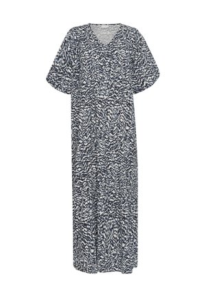Robe longue avec des manches courtes bouffantes et un motif abstrait ondulé noir et blanc, col en V, coupe ample.