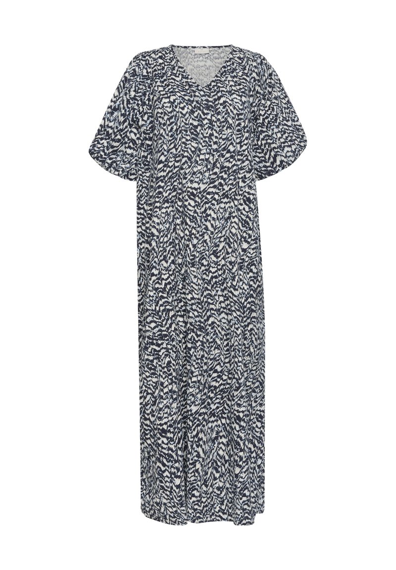 Vestito lungo con maniche corte a sbuffo e motivo astratto ondulato bianco e nero, scollo a V, vestibilità ampia.