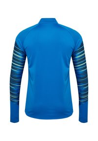 Sportieve lange mouw shirt in helderblauwe stof. De mouwen hebben een patroon van zwarte en turkooise strepen, een gladde textuur en een getailleerd ontwerp.