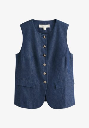 Hihaton tummansininen pellavaliivi, jossa pyöreä pääntie, tähtimuotoiset napit ja etutaskukannet.