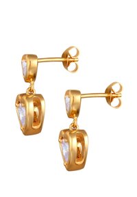 Goldfarbene Ohrringe mit herzförmigen, facettierten, klaren Steinen, die in durchbrochenen Fassungen eingefasst sind, mit Steckverschluss und Schmetterlingsverschluss.