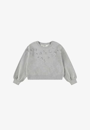 Sweat-shirt gris clair à manches longues avec poignets et col côtelés, décoré de patches de sequins argentés dispersés sur la zone de la poitrine.