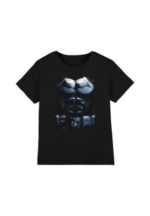 Black t-shirt featuring a detailed print of a muscular torso wearing a Batman-inspired armored suit with belt and chest emblem.