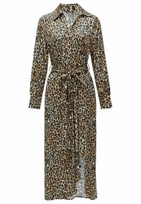 Abito con stampa leopardata, maniche lunghe, colletto e cintura in vita. Realizzato in tessuto leggero, presenta motivi animali neri e marroni su uno sfondo beige.