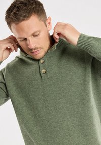 Pull en tricot vert doux, avec un col haut, trois boutons et des poignets à côtes. Texture douce avec une coupe légèrement ample.