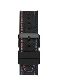 Correa de reloj inteligente negra con una superficie texturizada, presenta costuras multicolores en rojo, amarillo, azul y púrpura. Hebilla de metal negro mate.