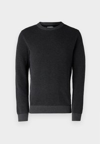 Maglione grigio scuro con un tessuto testurizzato, scollo a girocollo e polsini e orlo a coste. Il design presenta un motivo a maglia sottile su tutto il capo.
