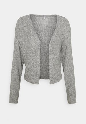 Lysegrå, langærmet, åben-front strikket cardigan med en blød, ribbet tekstur og en kortet kant.