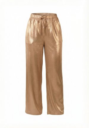 Løse, skinnende bronze bukser med elastisk talje og snøre, lavet af glat, reflekterende stof.