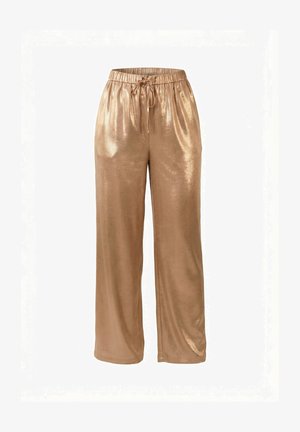 Løse, skinnende bronze bukser med elastisk talje og snøre, lavet af glat, reflekterende stof.