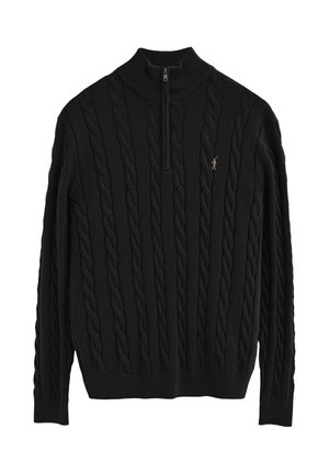 Schwarzer Pullover mit Kabelstrickmuster und Viertelreißverschluss, mit kleinem gesticktem Logo eines Polo-Spielers auf der linken Brust.