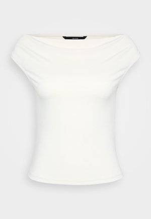 Valkoinen olkapäät paljastava paita, tiukka malli, pehmeä joustava kangas, lyhyet hihat ja sileä pinta ilman näkyviä kuvioita tai koristeita.