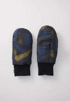 Padded mittens in dark blue and green gradient with ribbed black cuffs. Smooth, water-resistant outer texture. Rounded tips for finger coverage.